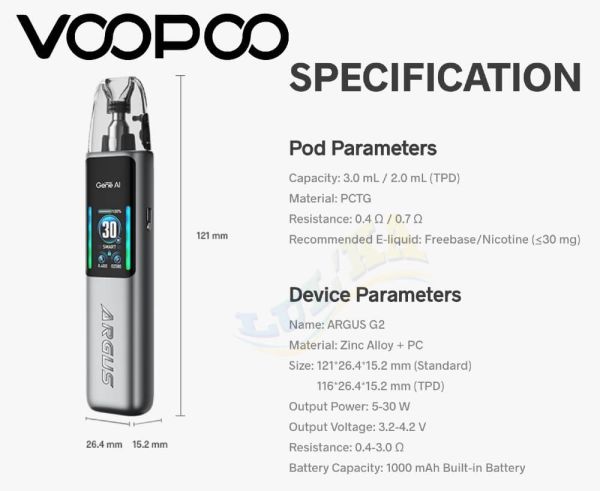 Voopoo Argus G2 30W Kit 1000 mAh (Space Gray) Voopoo Argus G2 30W Kit 1000 mAh (Space Gray)